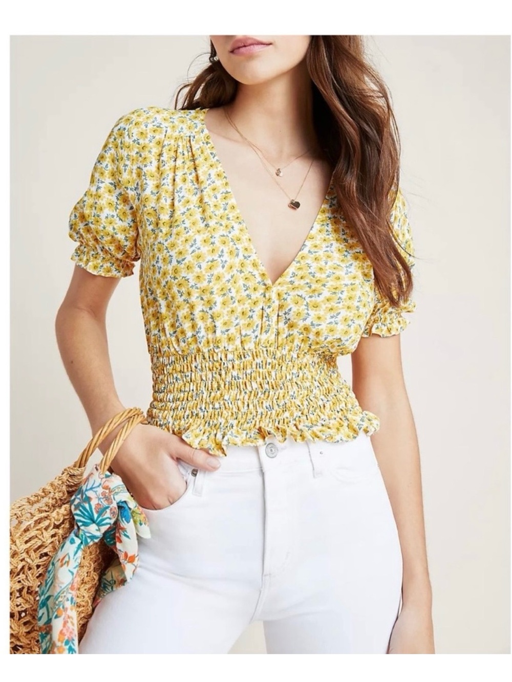 Faithfull the Brand Yellow Floral Smocked V-Neck Crop Top